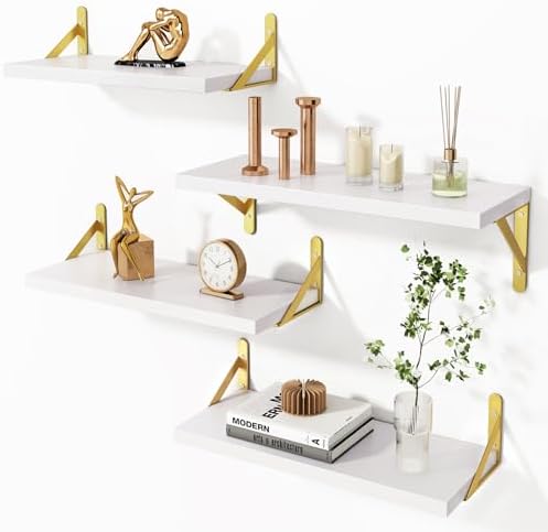 YGEOMER 4 Different Sizes Floating Shelves for Wall Decor, White and Gold