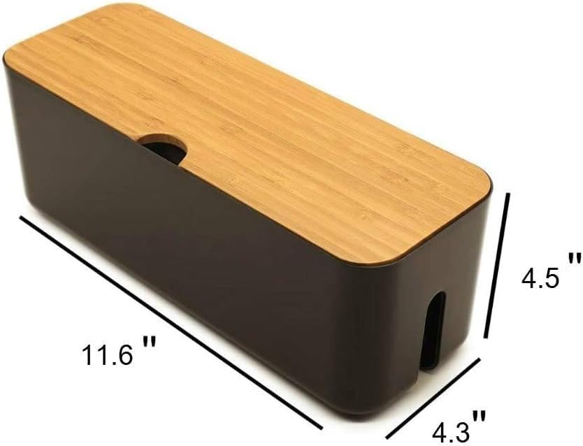 Cable Management Box with Bamboo Lid, Power Strip Organizer, Black 2PCS