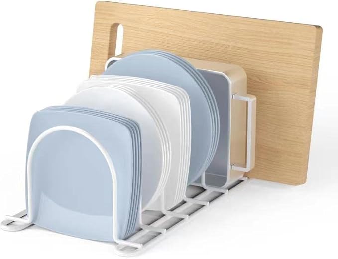 JAQ Plate Rack for Cabinet, 10.5" Vertical Dish Organizer for Plates, Pot Lids, Cutting Boards & Baking Sheets, Metal Kitchen Cabinet Organizer (1-Pack, White)