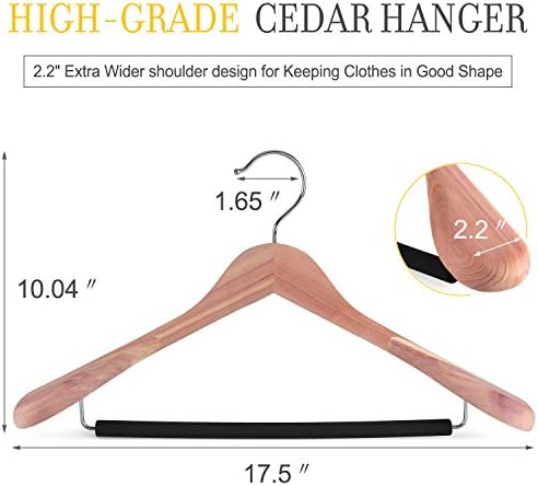 TOPIA HANGER Unfinished American Red Cedar Wood Coat Suit Hangers, Luxury Wooden Jacket Clothes Hangers, Wide Shoulder with Black Padded Pant Bar- 360°Flexible Hook, 4 Pack- Natural- CT07W