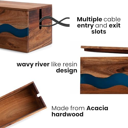 Acacia Wood & Epoxy Cable Management Box, 16X 6 X 5.5 Cable Hider Box, Cable Organizer Box Ideal for Under Desk Cable Ma
