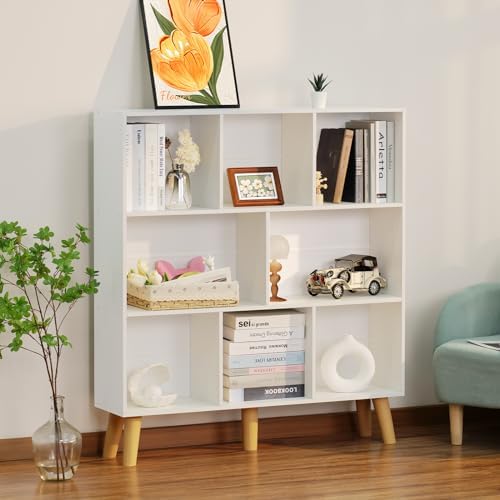 YAHARBO 8 Cube White Bookshelf,3 Tier Book Shelf with Legs,Modern Minimalist Bookcase,Open Book Shelves Storage Organize