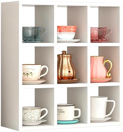 Helsin 9 Grid Vintage Coffee Mug Display Rack, 16inch Wall Mounted Wooden Curio Shadow Box Shelf, Cup Floating Shelves D