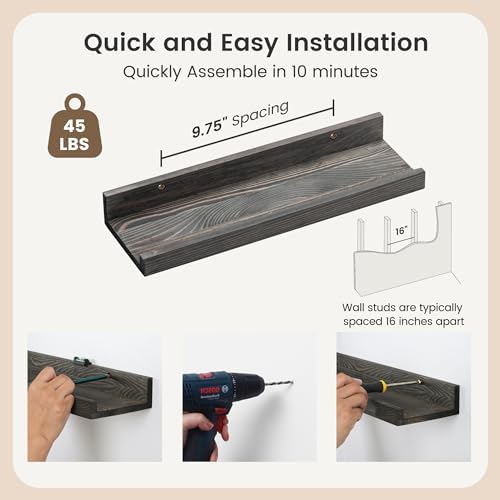 FLYJOE Picture Ledge Wall Shelves 16 inch Width Set of 2, Solid Pine Wood Rustic Floating Ledge Shelves for Wall for Kids' Room Bedroom Kitchen Bathroom Living Room Nursery Display Wall Decor, Grey