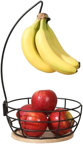 Gibson Home Harvest Season Fruit Basket Bowl with Banana Hanger – Black Metal Wire & Rubberwood Base – Countertop Produc