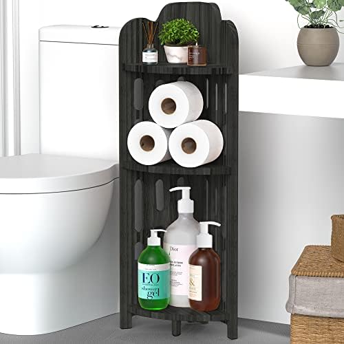 Meangood Bathroom Corner Shelf Stand, 3 Tier Solid Wood Display Shelf for Narrow Space, Shower Corner Shelf, Plant Stand
