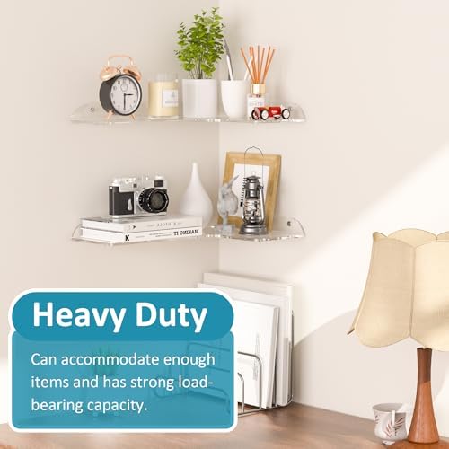 Sezanrpt 8x11.8 Inch Clear Corner Shelf Wall Mount Set of 2, Acrylic Corner Floating Shelves, Wall Organizer Shelf for B