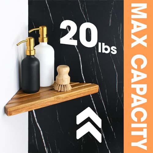 ENKEZI Acacia 2,3 Tiers Corner Shower Shelf, Triangular Corner Shelf Wooden Bathroom Shelf for Tiled Wall, Shower Corner
