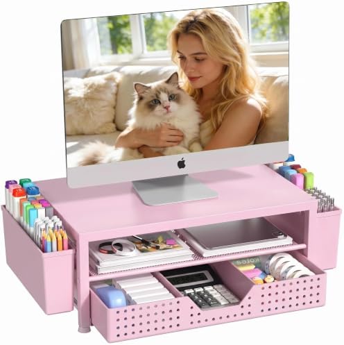 OPNICE Desk Organizers and Accessories, Computer Monitor Stand Riser with Drawer and 2 Pen Holders, Printer & Laptop Sta