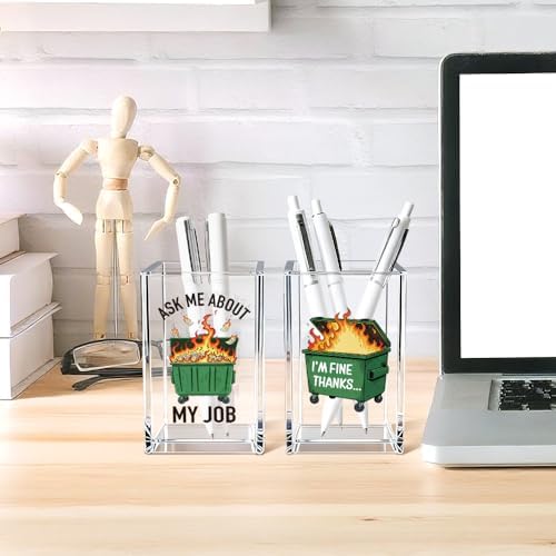 Ask Me About My Job I'm Fine Thanks Acrylic Pencil Pen Holder Cup Set 2, Funny Pencil Holder Desk Organizer, Dumpster Fire Desk Accessories, Sarcastic Office Gifts for Women Men Teacher Coworker