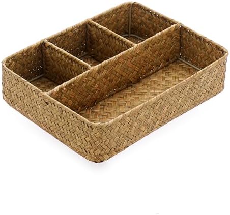 BTSKY Desk Drawer Organizer Tray, Coffee Station Organizer Tea Bag Organizer, Woven Seagrass Storage Basket with 4 Divided Sections Handwoven Wicker Storage Basket for Shelves, Pantry, Coffee Bar