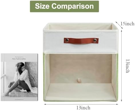 Bagnizer Storage Cubes, 4 Pack Linen Foldable Storage Bins with Clear Window and 2 Handles, 13x15x13 for Shelf Closet, Kallax, Clothes, Books - Green/Off-White