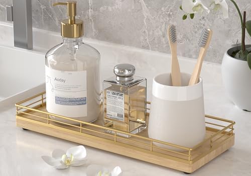 Wooden Decorative Tray, Oak 11.2" L Kitchen Countertop Soap Sponge Holder for Dresser Perfume Tray Jewelry Candle Nights