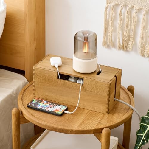 Oak Wood Cable Management Box - Large Cord Hider & Organizer with Magnetic Lid for Desk & Floor Cables in Home Office, L