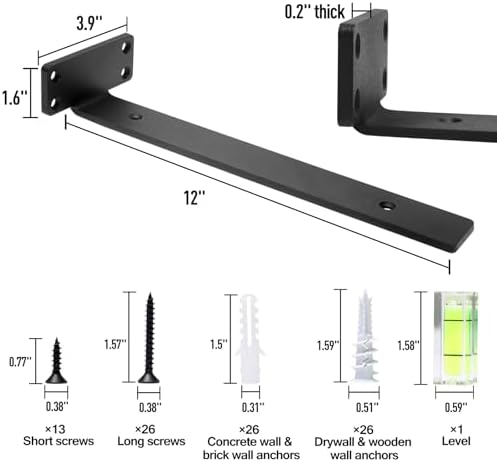 HITOMEN Heavy Duty Floating Shelf Brackets, 12-Inch (1/5'' Thick) Hidden Shelves Hardware, Cast Iron L Brackets, Rustic 