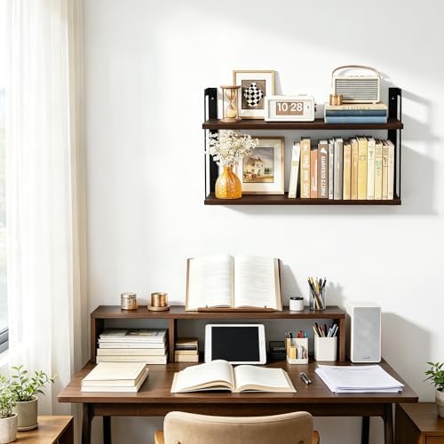 SRIWATANA Dark Walnut 2-Tier Floating Shelves, Wood Wall Storage Shelf Unit