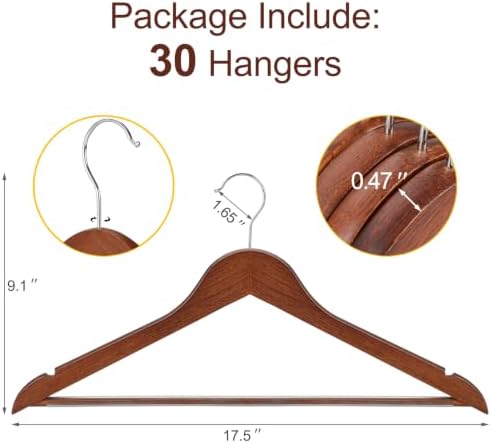 TOPIA HANGER Walnut Wooden Hangers 30 Pack, Heavy Duty Clothes Hangers