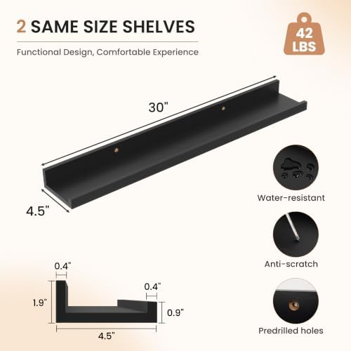 Dreamland Picture Ledge Shelf for Wall, Floating Shelves Set of 2,30 inch Long Floating Shelves with Lip for Living Room,Bedroom,Bathroom,Kitchen,Black