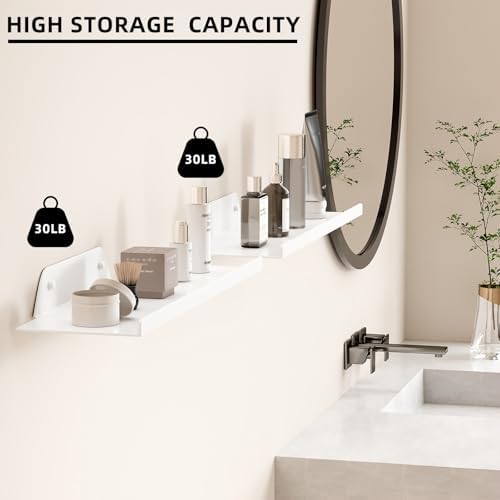Floating Shelves for Wall, Off Center Metal Shelves for Living Room, White Floating Shelves for Wall Decor, 12” Hanging 