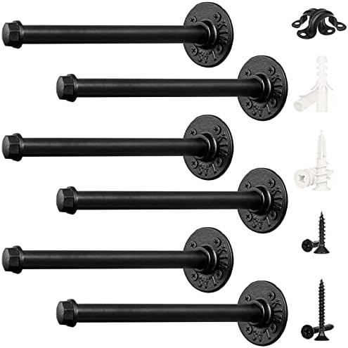 LuckIn 12-Inch Pipe Shelf Brackets, Industrial Iron, Heavy Duty, 6 Pack, Black