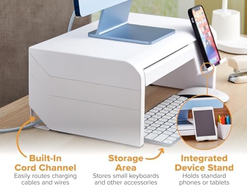 Bostitch Konnect Adjustable Monitor Riser with Drawer & Cell Phone Holder, Laptop Stand for Desk, 4 Height Levels, Cable