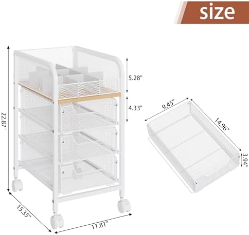 Rolling Makeup Cart Organizer with 3 Drawers, 4-Tier Narrow Floor Skincare Organizers with dividers, Vanity Organizer Co