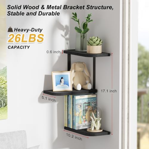 Love-KANKEI Corner Wall Shelf 3 Tier,Solid Wood with Bracket,17" Tall,Black