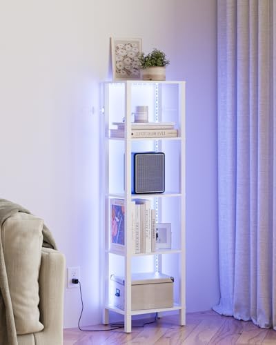Open Book Shelf with LED Lights, 5 Tier Tall Bookshelf, Freestanding Shelf Narrow Bookcase with Open Shelves, 14.96" x 1