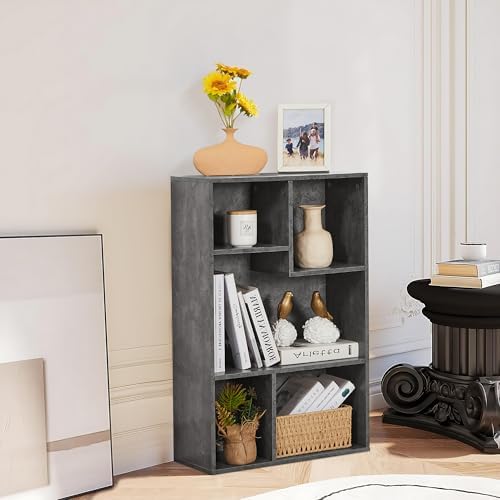 VECELO Wide Kids Staggered 5-Cube Bookshelf, Extra Large Freestanding Open Storage Organizer with Multi-Size Compartment