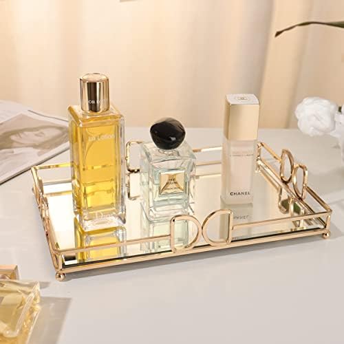 Gold Mirror Vanity Tray for Perfume, 11.7x7.9 Non-Slip Glass Dresser Tray, Elegant Decorative Organizer for Bathroom Cou