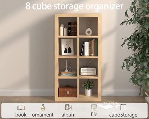 furtble Bookshelf with Storage Bins, 8-Cube Storage Organizer, Modern Wood Open Bookcase, Multifunctional Display Shelf 