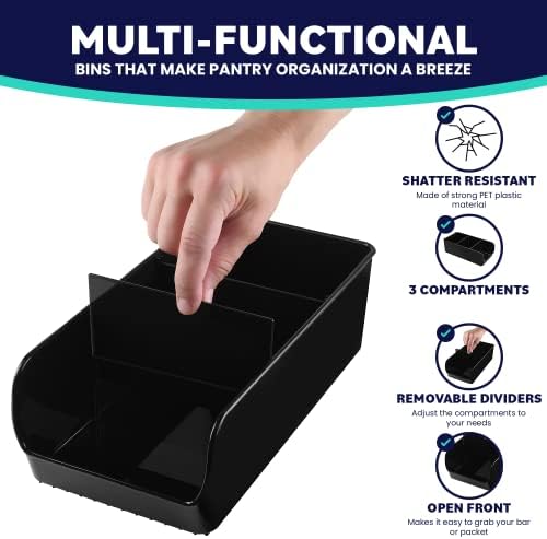Black Storage Bins for Pantry - 3 Compartment Kitchen Cabinet and Cupboard Storage Organizers, Multipurpose Storage Bins