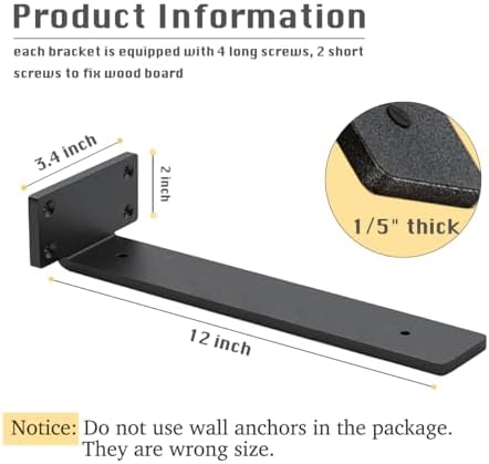 6 Pack Shelf Brackets 12 Inch Floating Shelf Bracket 1/5 inch Thick Heavy Duty Hidden Shelf Brackets Iron Metal Brackets
