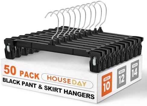 HOUSE DAY Black Pants Hangers with Clips 50 Pack, 10 Inch Skirt Hangers