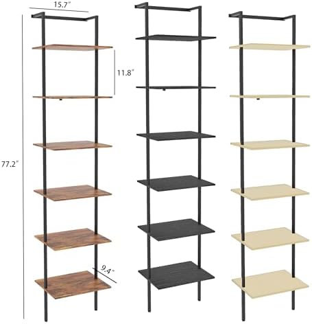 6-Tier Wall Mounted Ladder Shelf, Rustic Brown, 77" H