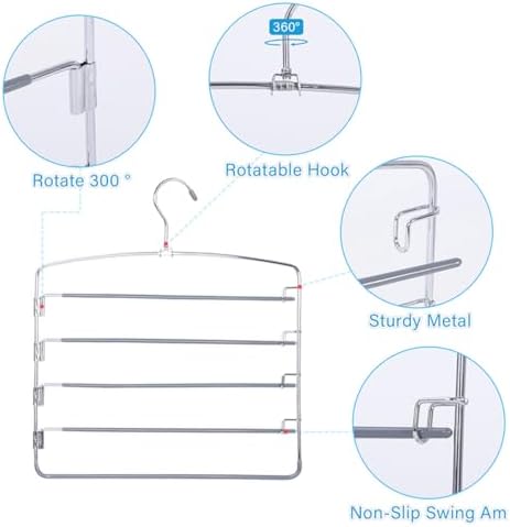 Pants Hangers 6 Pack 5 Layers Multi Functional Pants Rack Swing Arm Space Saver Hanger for Trousers Jeans Towels Scarf （Grey）