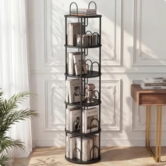 5 Tier Rotating Bookshelf, 360° Spinning Bookshelf Tower, Narrow Corner Book Shelf, Revolving Bookcase Corner Tall Book 
