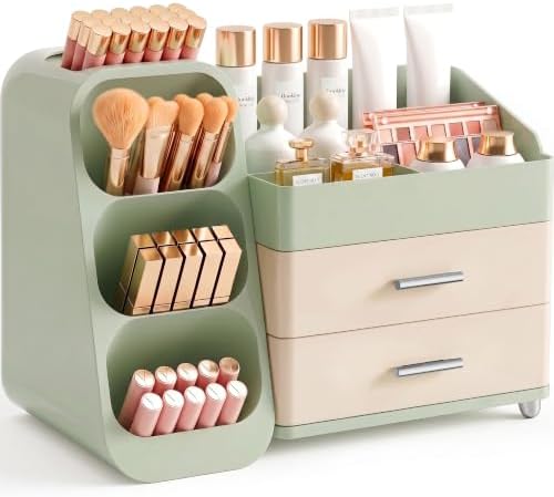 Booklov Large Makeup Organizer for Vanity Countertop, Green Cream