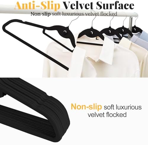 Velvet Felt Stackable Hangers 50 Pack, Thin & Space Saving, Black