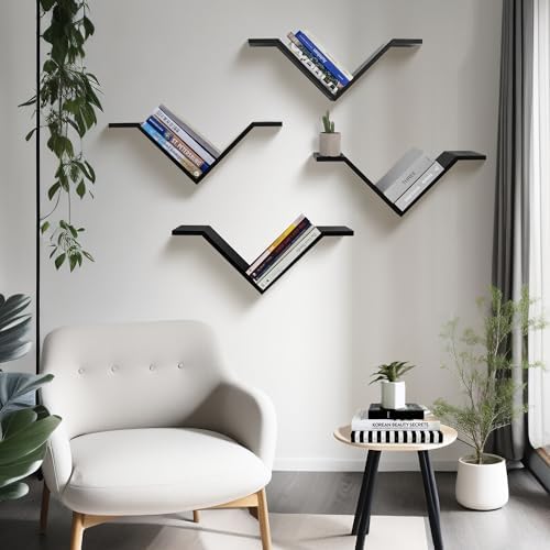 Black Book Shelves for Wall, Modern Hanging Bookshelf Set of 2