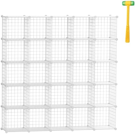 Cube Storage Organizer, Metal 25-Cube Shelves Bookshelf, Portable Closet Clothes Organizer for Bedroom, Home, Office, Wh