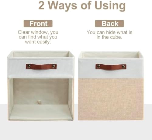 Bagnizer Storage Cubes, 4 Pack Linen Foldable Storage Bins (13 x 13 inch) with Clear Window and Handles, Fabric Organizer for Shelf Closet, Clothes, Books - (Beige and White)
