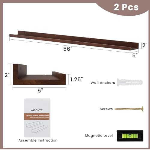 Acovy Long Floating Shelves for Wall, 55 inch Solid Wood Picture Ledge Shelf, Picture Shelf for Wall with Ledge, Floating Book Shelves for Living Room Bedroom Kitchen Nursery Decor, Walnut, Set of 2