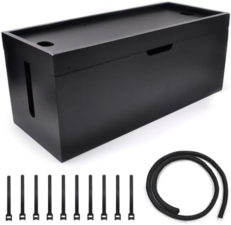 15 Inch Bamboo Large Cable Management Box, Black Cord Organizer