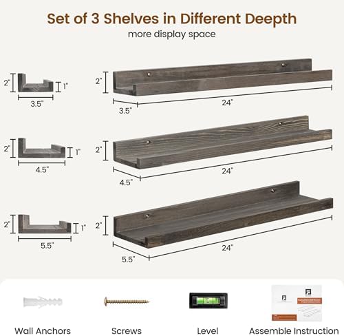 FLYJOE Picture Ledge Wall Shelves - 24 Inch Width Set of 3, Solid Pine Wood Rustic Floating Ledge Shelves for Kids' Room, Bedroom, Kitchen, Bathroom, Living Room, Nursery Display Wall Decor, Grey