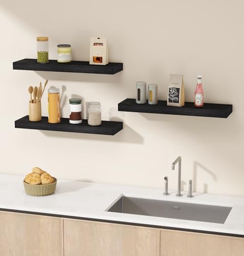 Vervida® Black Rustic Floating Wall Shelves 24in Set of 3 Hidden