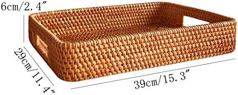i-lan 15 Inch Large Size Handwoven Serving Tray, Decorative Rectangular Rattan Basket Bread Trays with Handles and 2.3”W