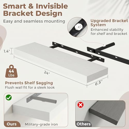 24 Inch Floating Shelves for Wall, 6.5"D Wood Storage Shelves, White Finish