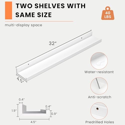 Heimlove Picture Ledge Shelf, Floating Shelves Set of 2, 31.5Inches Picture Shelf for Wall with Ledge, Kids Bookshelf Wa