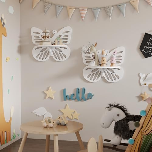White Butterfly Shelves 2 Tier - Nursery Wall Deor Floating Shelf, Cute Wall Display Rack for Kid’s Room, Small Decorati
